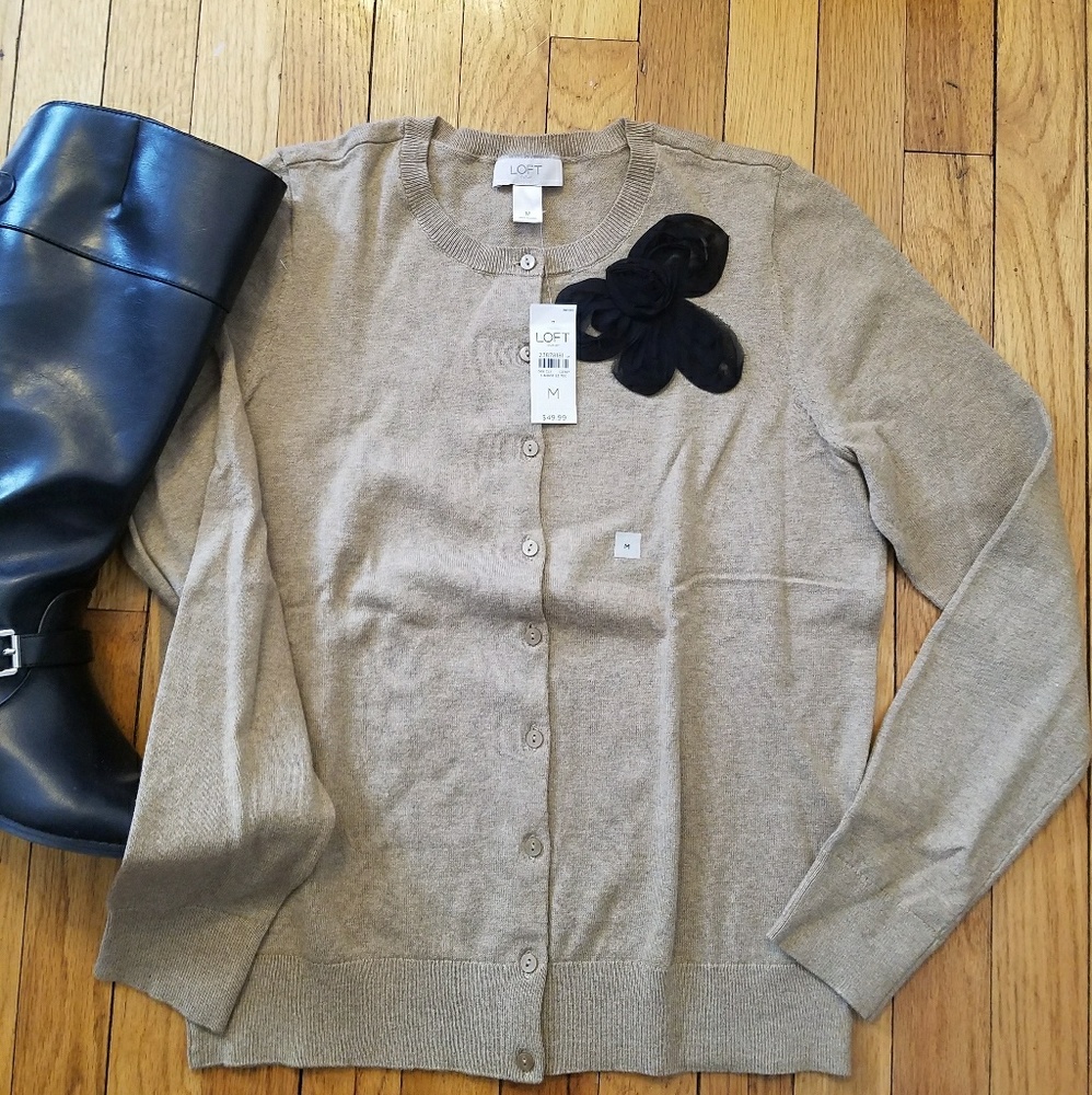 LOFT Tan Cardigan with Black embellishment